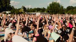 viele Frauen auf Matten bei Outdoor-Fitness