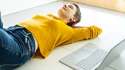 offline,ground,female caucasian,caucasian,pullover,adults,happy,casual,female,peace,mature adults,daydreaming,serenity,job,floor,mature woman,remote work,business people,40-50 years Woman relaxing on the floor with a laptop in a bright office space