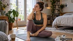 Sportlich gekleidete Frau entscheidet zu Hause zwischen sanfter Bewegung und Pause.