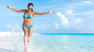Sexy,Bikini,Body,Woman,Playful,On,Paradise,Tropical,Beach,Having