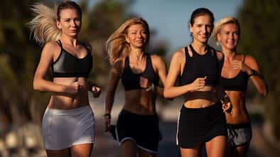 junge Frauen joggen lachend am Meer. 