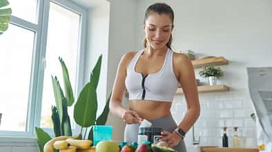 Eine fröhliche junge Frau bereitet in Sportkleidung einen Proteinshake zu