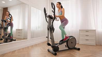 Woman,With,Towel,Using,Modern,Elliptical,Machine,At,Home