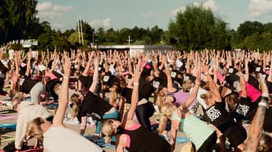 viele Frauen auf Matten bei Outdoor-Fitness