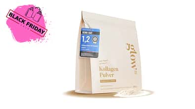 Glow25-Kollagenpulver im Black Friday Deal vor weißem Hintergrund