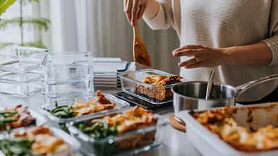 Eine Frau befüllt mehrere Brotdosen mit Lasagne. Die Arbeitsfläche ist gefüllt mit leeren und befüllten Brotdosen