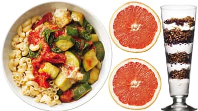 Zum Vollkorntag gehören Nudeln mit Zuccini, Grapefruit und Knusper-Jogurt