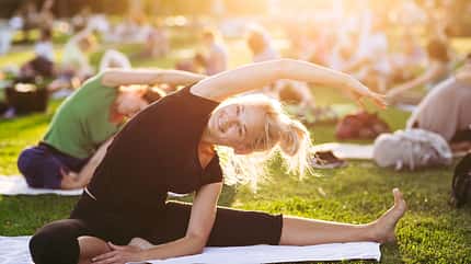 beauty,caucasian,happy,body,youth,fit,beautiful,balance,fitness, Big,Group,Of,Adults,Attending,A,Yoga,Class,Outside,In