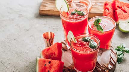 Smoothie, Wellness, Selfcare-Drink, Juice Watermelon,Lemonade,With,Lime,And,Fresh,Basil,Leaves,On,Concrete