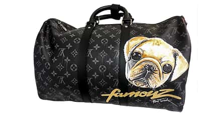 Produktfoto einer Sporttasche von Louis Vuitton. Darauf ist der Kopf eines Hundes zu sehen. Produktfoto einer Sporttasche von Louis Vuitton. Darauf ist der Kopf eines Hundes zu sehen.