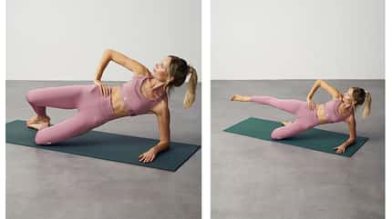 Kaya Renz Kaya Renz befindet sich in einer Sideplank und öffnet die Beine wie eine Muschel.