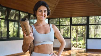 Happy,Fit,Young,Hispanic,Woman,Advertising,Yoga,Class.,Sporty,Active