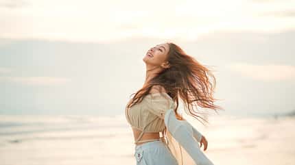 sunshine,dusk,happy,young woman,smile,beautiful,trip,female,day, Side,View,Of,Young,Asian,Woman,With,Freedom,On,The