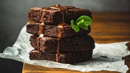 stack,treat,nut,good,pie,decorated,space,bar,white,slice,copy sp A,Stack,Of,Chocolate,Brownies,On,Wooden,Background,With,Mint