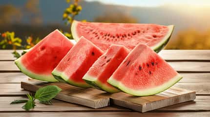 berry,freshness,presentation,red,white,slice,cosmetic,melon,natu Tasty,Sliced,Watermelon,On,Table,Outdoors",Depicts,An,Image,Of