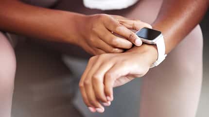 black woman,smartwatch,hands,smartphone,data,run,fit,stats,fitne Smartwatch,,Check,Or,Hands,With,Time,For,Fitness,Progress,,Heart