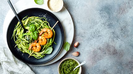 lunch,salad,plant based,gourmet,sauce,detox,low carb,cheese,spri Zucchini,Spaghetti,With,Pesto,Sauce,And,Grilled,Shrimp,Skewers.,Vegetarian