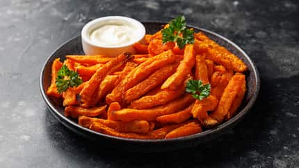 rotate,sweet potato,lunch,chips,dipping,american,down,unhealthy, Homemade,Sweet,Potato,Fries,With,Mayo,,Homemade,Roasted,In,The