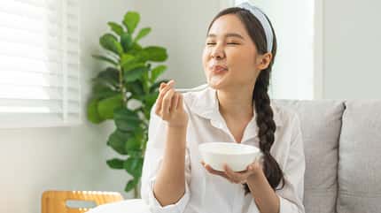 yogurt,beauty,happy,digestive,dieting,smile,fit,beautiful,japane Healthy,Lifestyle,,Wellness,Food,Asian,Young,Woman,Hand,Use,Spoon
