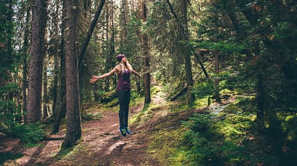 active,escape,female,green,leisure,trail,tranquil,woman Hiker enjoying forest, Johnston Canyon trail, Banff, Canada