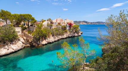 Tourism,Coastline,Scenics,Luxury,Nature,Majorca,Balearic Islands,Spain,Tree,Summer,Sand,Island,Beach,Bay Of Water,Sea,Chalet,Apartment,Village,Town,fornells,Peguera Cala Fornells View in Paguera, Majorca