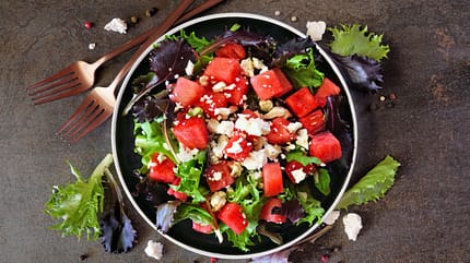 lunch,feta,salad,fruit,snack,plate,vegetable,down,summer,cheese, Watermelon,Salad,With,Feta,Cheese.,Above,View,With,Frame,Of