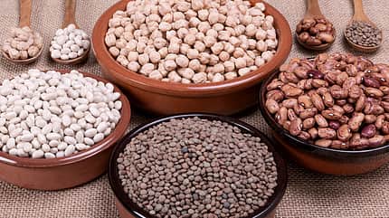 gluten,sack,wholesome,gourmet,legumes,source,freshness,variation Dried,Legumes,In,Various,Clay,Bowls,And,Wooden,Spoons.