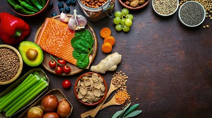 Draufsicht auf verschiedene gesunde, pescetarische Lebensmittel Draufsicht auf verschiedene gesunde, pescetarische Lebensmittel