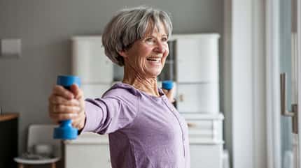 Eine ältere Dame trainiert mit Kurzhanteln