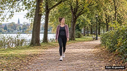 Frau bewegt sich in ruhigem Tempo bei einem Spaziergang im Park. Frau bewegt sich in ruhigem Tempo bei einem Spaziergang im Park.