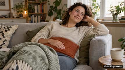 Frau ruht mit einem textilen Wärmekissen über der Kleidung auf dem Sofa. Frau ruht mit einem textilen Wärmekissen über der Kleidung auf dem Sofa.