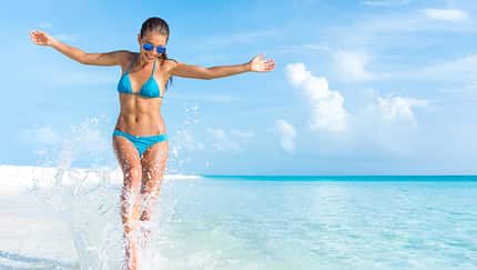 Sexy,Bikini,Body,Woman,Playful,On,Paradise,Tropical,Beach,Having
