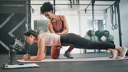 Fitness,,Plank,Or,Personal,Trainer,At,Gym,With,Woman,For