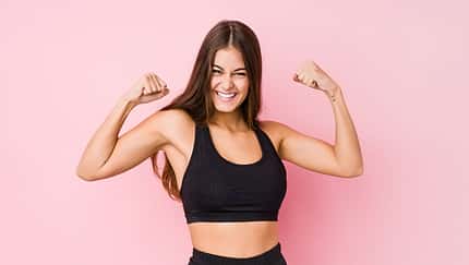 Young,Caucasian,Fitness,Woman,Doing,Sport,Isolated,Showing,Strength,Gesture