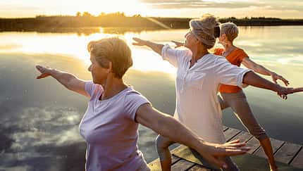 Group,Of,Senior,Woman,Doing,Yoga,Exercises,By,The,Lake.