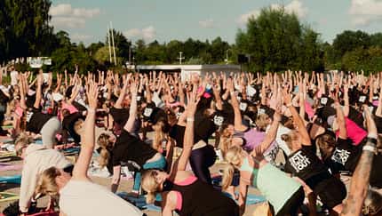 viele Frauen auf Matten bei Outdoor-Fitness