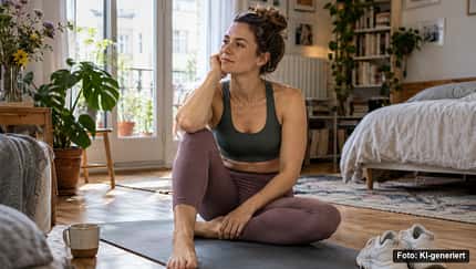 Sportlich gekleidete Frau entscheidet zu Hause zwischen sanfter Bewegung und Pause. Sportlich gekleidete Frau entscheidet zu Hause zwischen sanfter Bewegung und Pause.