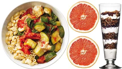 Zum Vollkorntag gehören Nudeln mit Zuccini, Grapefruit und Knusper-Jogurt