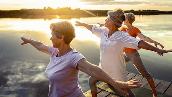 Group,Of,Senior,Woman,Doing,Yoga,Exercises,By,The,Lake.