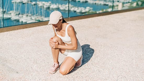 Eine Frau in Sportkleidung fasst sich an ihr Knie beim Outdoor-Training