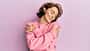 Young,Brunette,Woman,Wearing,Casual,Winter,Sweater,Hugging,Oneself,Happy