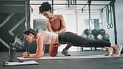 Fitness,,Plank,Or,Personal,Trainer,At,Gym,With,Woman,For