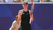 Angelique Kerber celebrates after beating Canada's Leylah Fernandez in their women's singles third round tennis match on Court Simonne-Mathieu at the Roland-Garros Stadium during the Paris 2024 Olympic Games, in Paris on July 30, 2024.