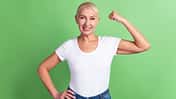 Photo,Of,Cheerful,Mature,Woman,Show,Arm,Muscles,Sportive,Exercise