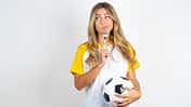 Photo,Of,Dreamy,Young,Beautiful,Woman,Wearing,Football,T-shirt,Lick
